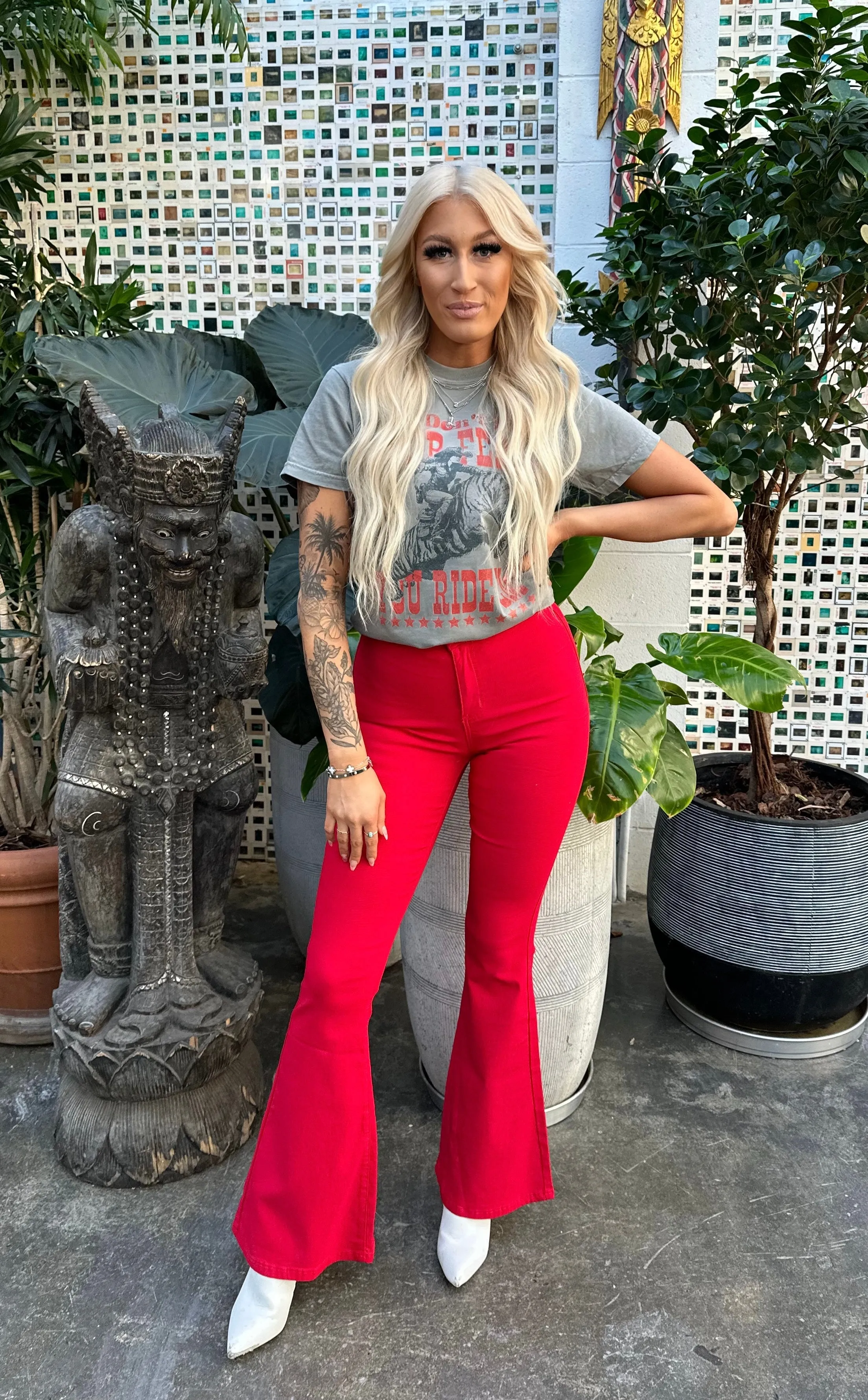 Fiona High Waisted Bell Bottom Flare Jeans - Red