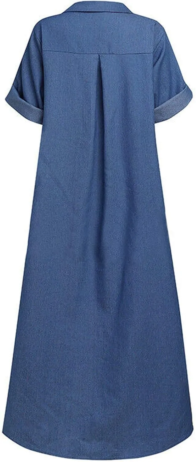 FZYLQY Womens Plus Size Denim Dresses Turn-Down Collar Short Sleeve Loose Long Dress Summer Casual Button Shirt Dress M-3XL