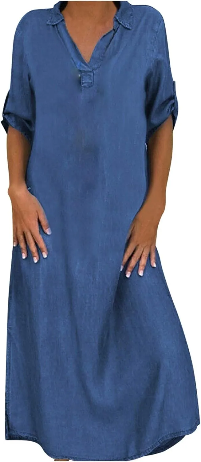 FZYLQY Womens Plus Size Denim Dresses Turn-Down Collar Short Sleeve Loose Long Dress Summer Casual Button Shirt Dress M-3XL