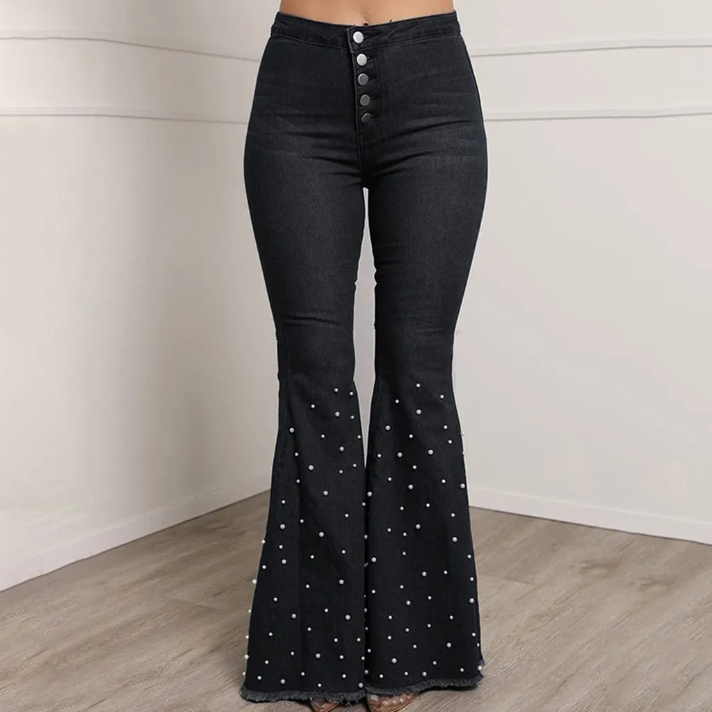 High Waist Flare Button Bell-bottom Tassel Pants