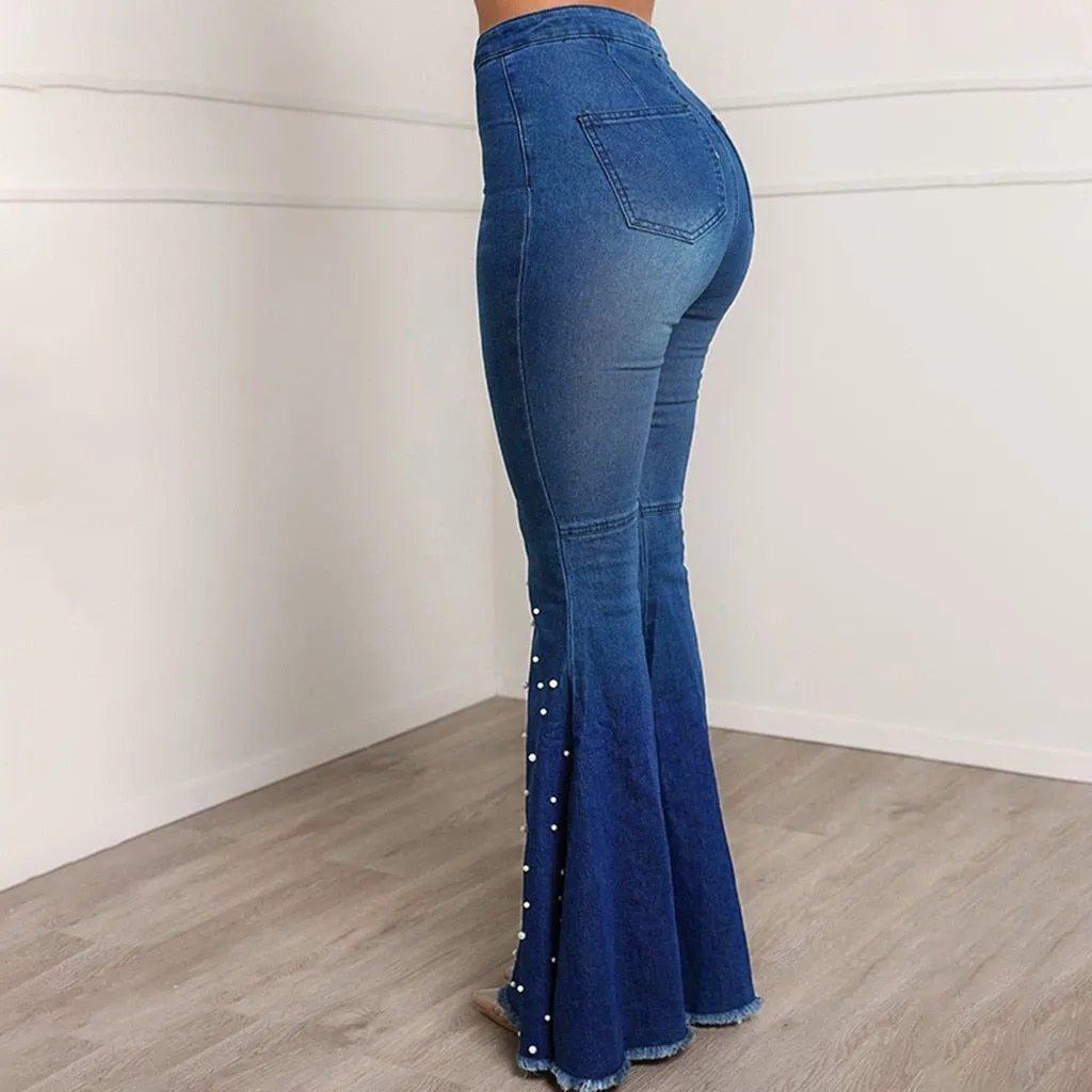 High Waist Flare Button Bell-bottom Tassel Pants