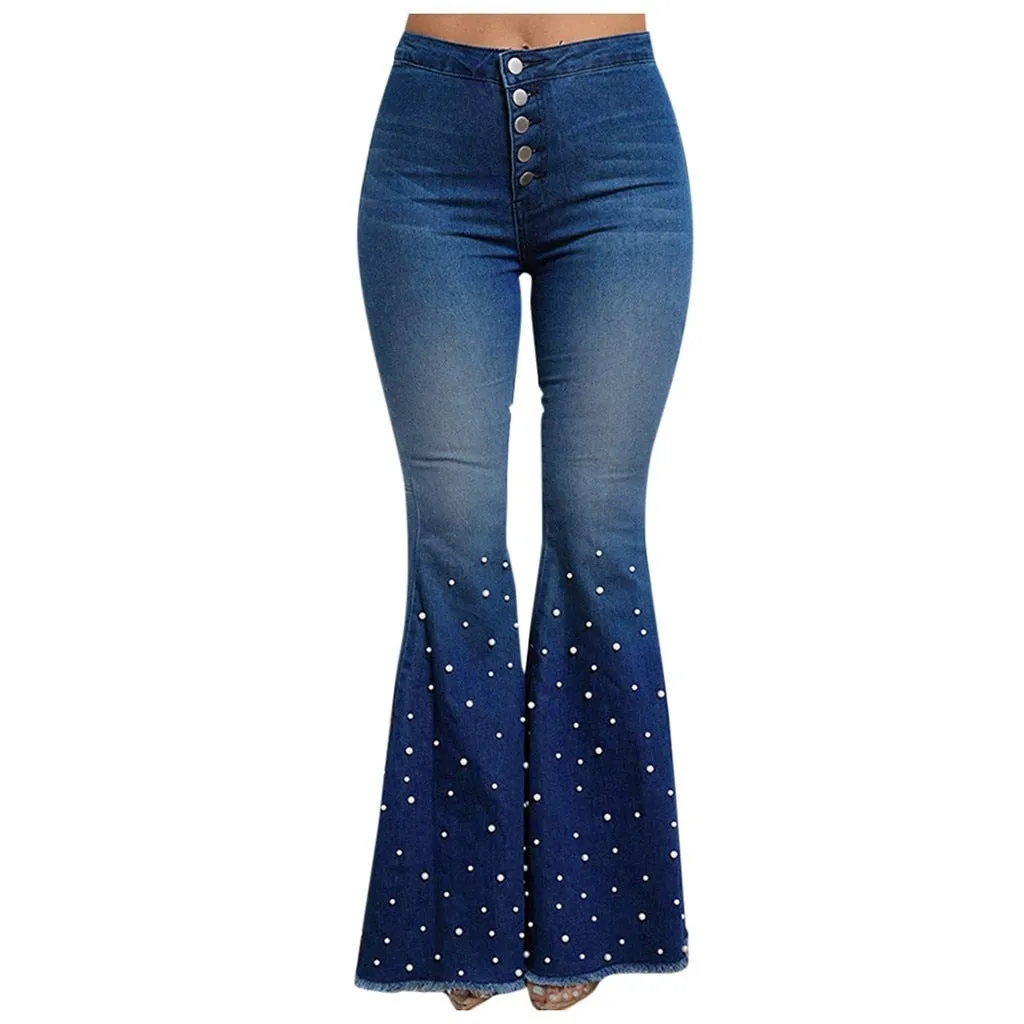 High Waist Flare Button Bell-bottom Tassel Pants