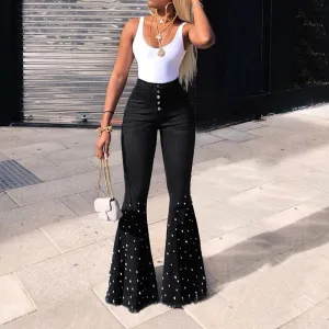High Waist Flare Button Bell-bottom Tassel Pants