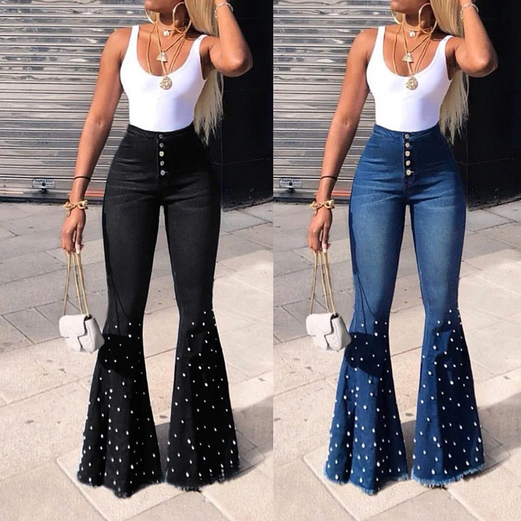 High Waist Flare Button Bell-bottom Tassel Pants