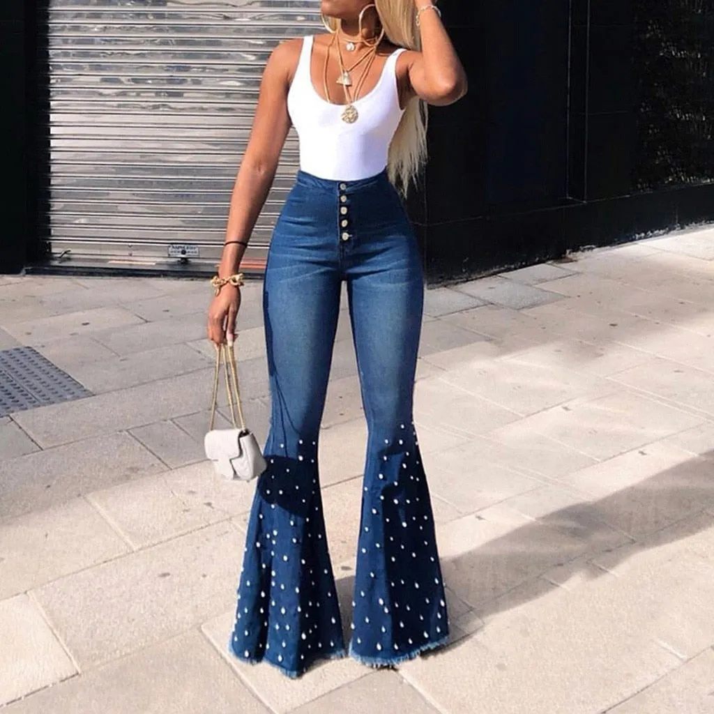 High Waist Flare Button Bell-bottom Tassel Pants