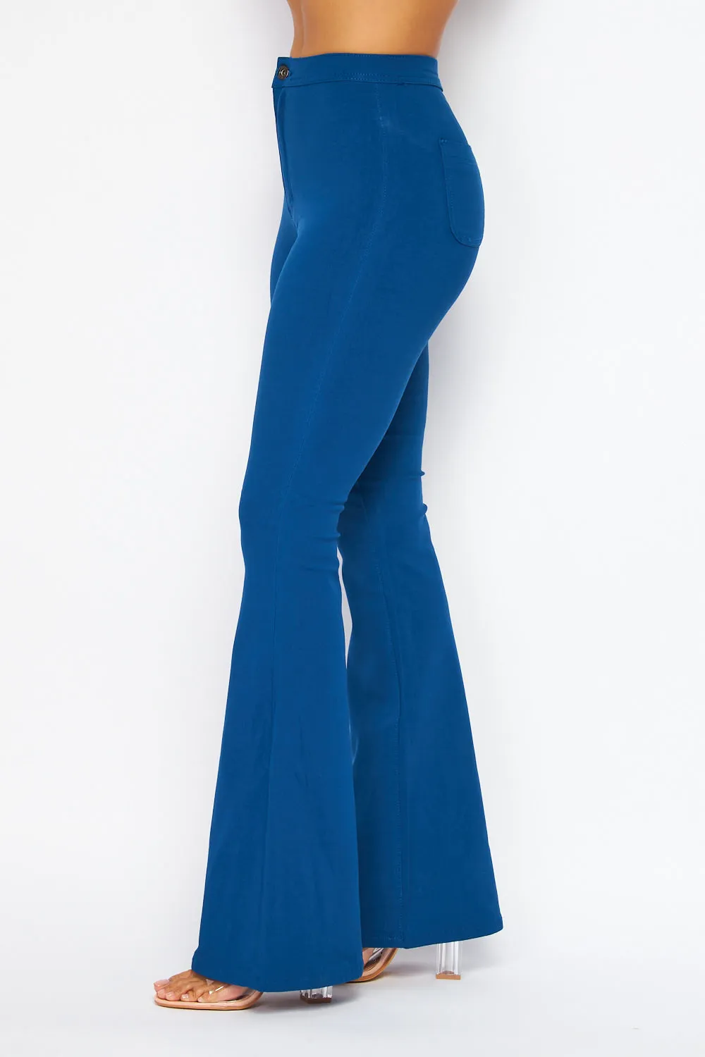 High Waisted Stretchy Bell Bottom Jeans - Mykonos Blue