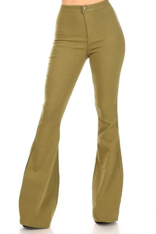 High Waisted Stretchy Bell Bottom Jeans - Olive