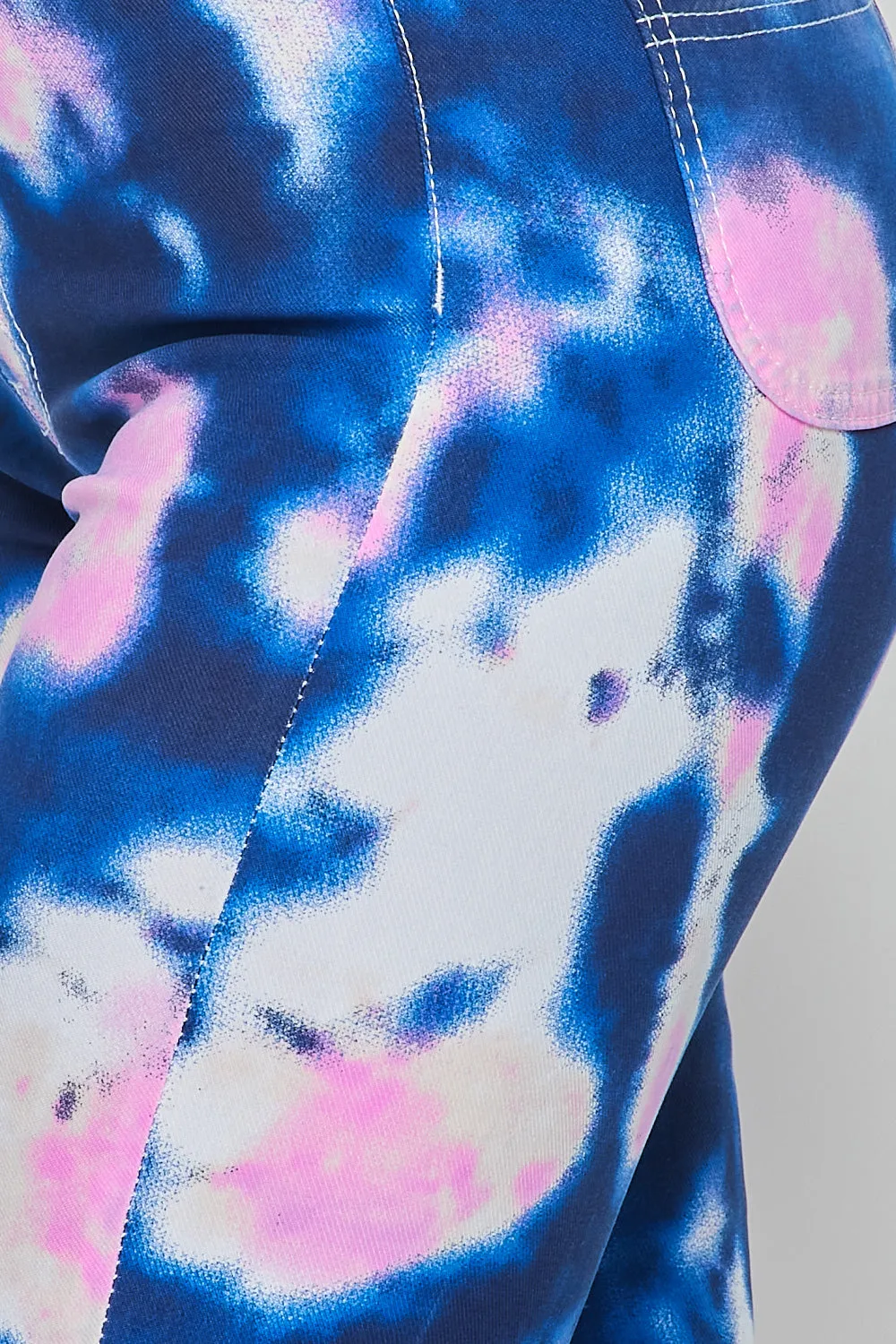 High Waisted Stretchy Tie Dye Bell Bottom Jeans - Blue Pink
