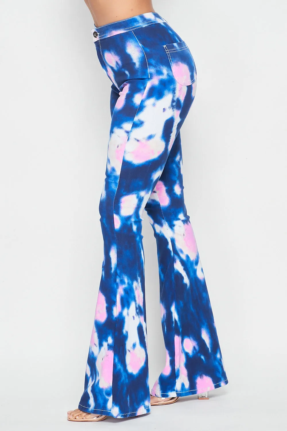 High Waisted Stretchy Tie Dye Bell Bottom Jeans - Blue Pink