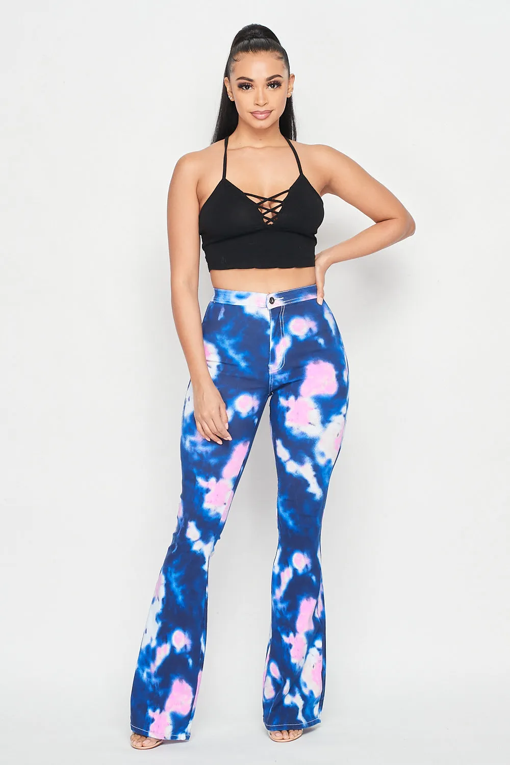 High Waisted Stretchy Tie Dye Bell Bottom Jeans - Blue Pink