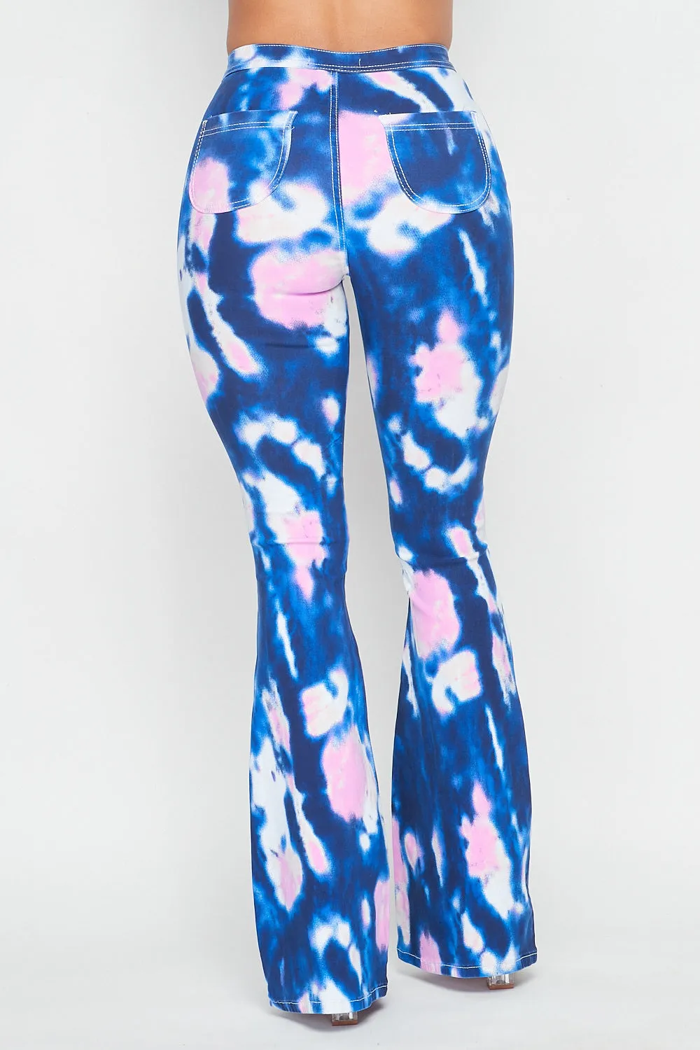 High Waisted Stretchy Tie Dye Bell Bottom Jeans - Blue Pink