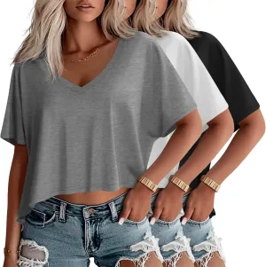 Huukeay 3 Pack Oversized T Shirts for Women Short Sleeve Crop Tops V Neck Irregular Hem Baggy Cropped Tees