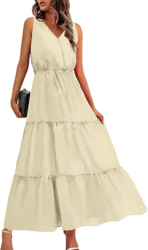 JJHAEVDY Womens Dresses V Neck High Waist Sundresses Floral Print Tiered Dresses Sleeveless Long Sundresses Summer Boho Dress