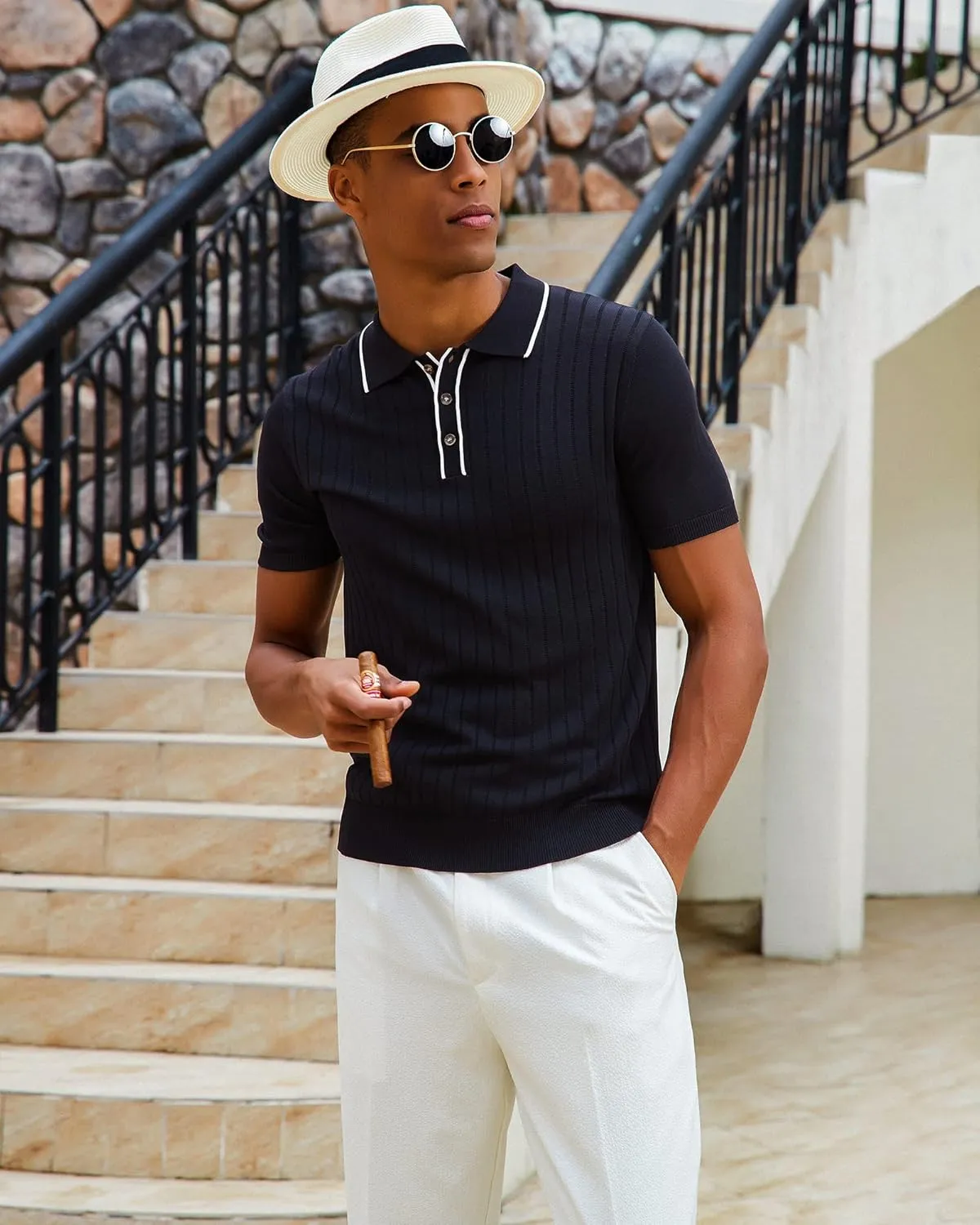 Kallspin Men's Vintage Knitted Polo Shirt Short Sleeve Solid Collared Golf Shirts with Button