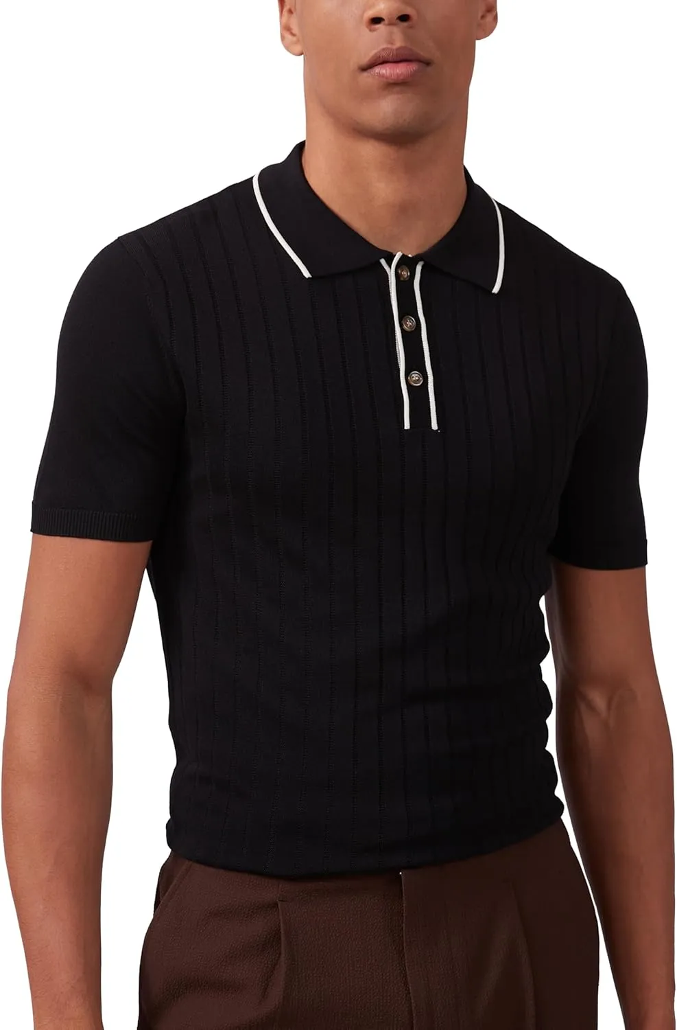Kallspin Men's Vintage Knitted Polo Shirt Short Sleeve Solid Collared Golf Shirts with Button