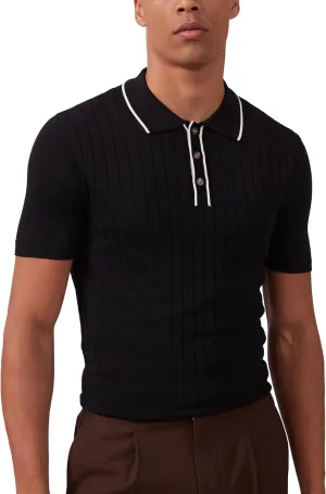 Kallspin Men's Vintage Knitted Polo Shirt Short Sleeve Solid Collared Golf Shirts with Button