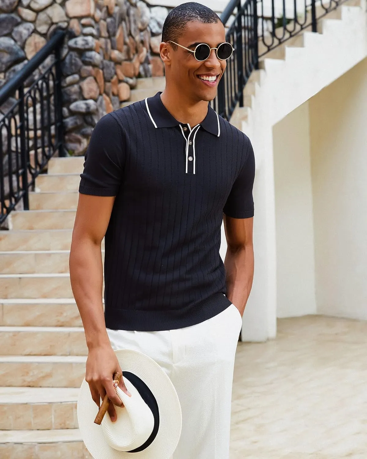 Kallspin Men's Vintage Knitted Polo Shirt Short Sleeve Solid Collared Golf Shirts with Button