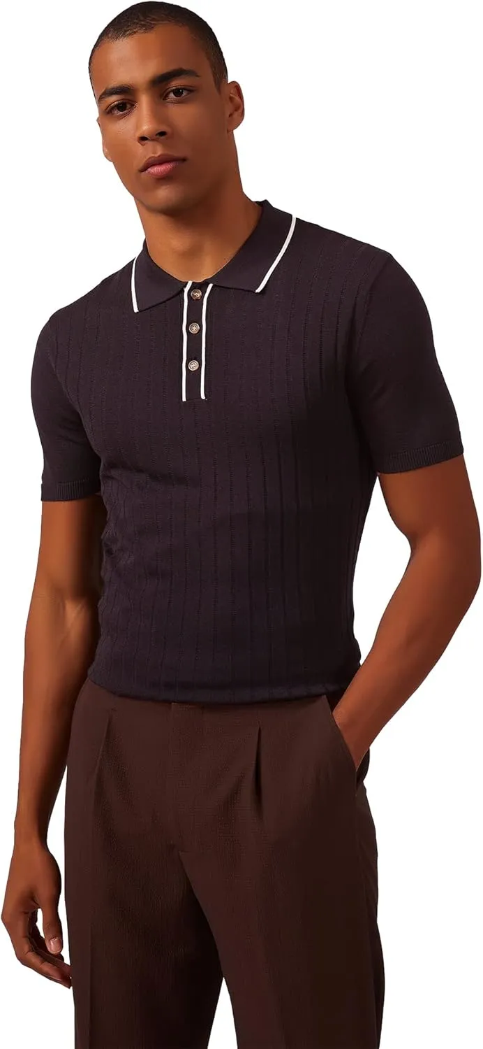 Kallspin Men's Vintage Knitted Polo Shirt Short Sleeve Solid Collared Golf Shirts with Button