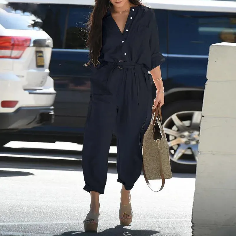 Long Sleeves Buttons Lace-up High-waist Cotton Linen Jumpsuits