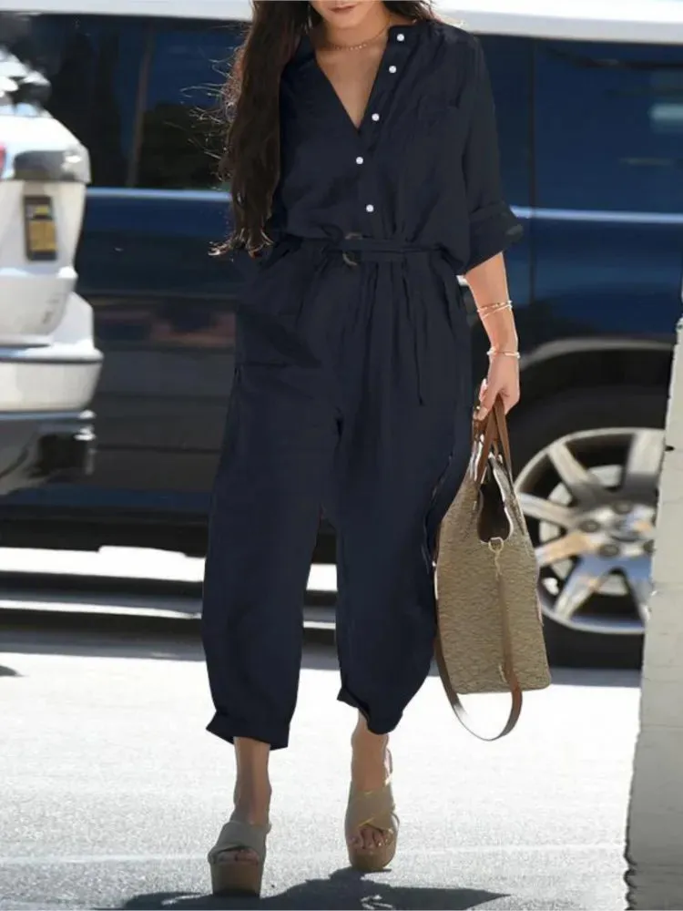 Long Sleeves Buttons Lace-up High-waist Cotton Linen Jumpsuits