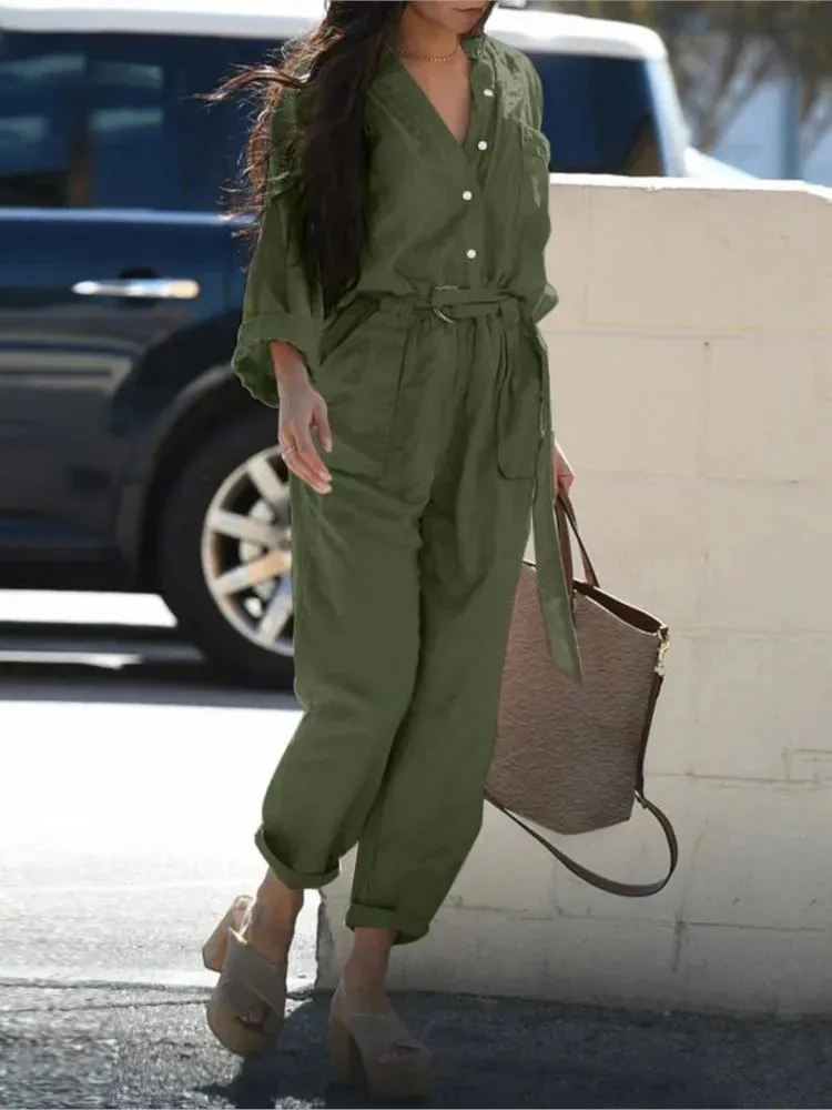 Long Sleeves Buttons Lace-up High-waist Cotton Linen Jumpsuits