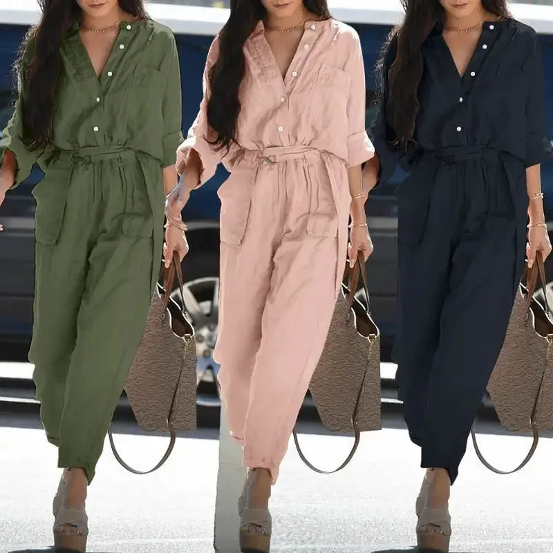 Long Sleeves Buttons Lace-up High-waist Cotton Linen Jumpsuits
