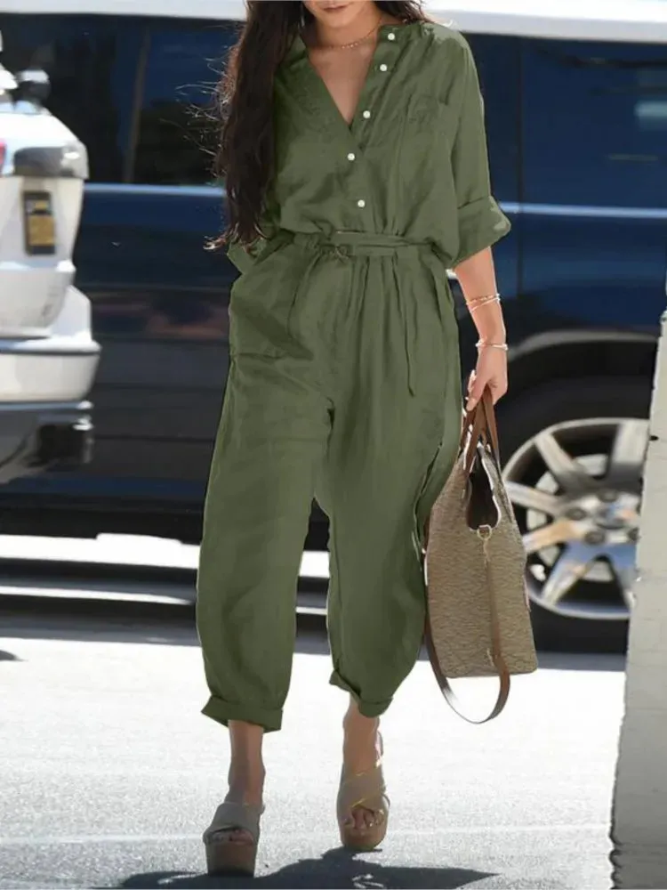 Long Sleeves Buttons Lace-up High-waist Cotton Linen Jumpsuits