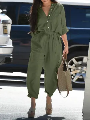 Long Sleeves Buttons Lace-up High-waist Cotton Linen Jumpsuits