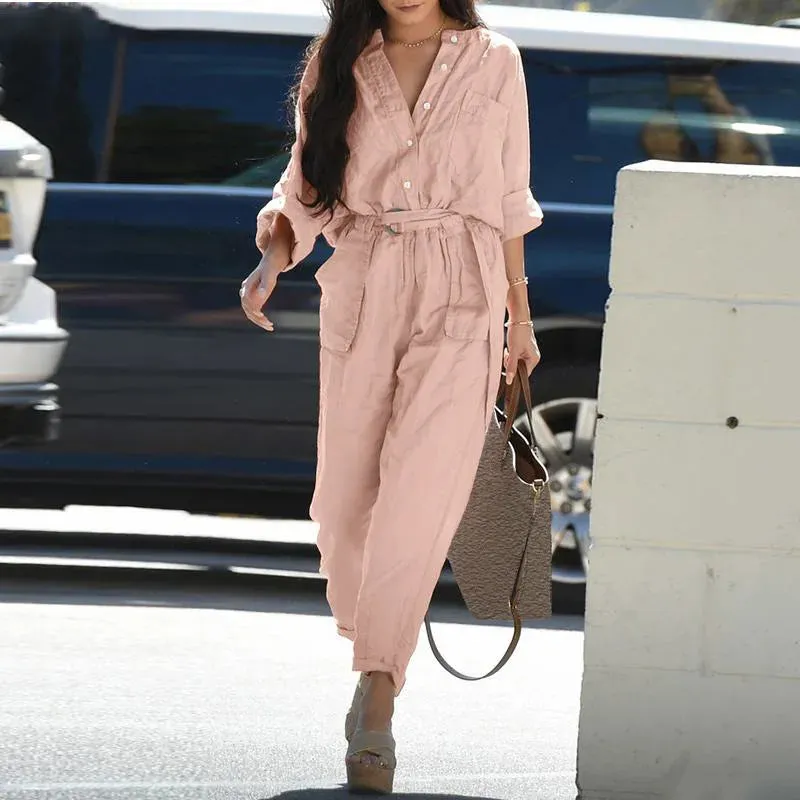 Long Sleeves Buttons Lace-up High-waist Cotton Linen Jumpsuits