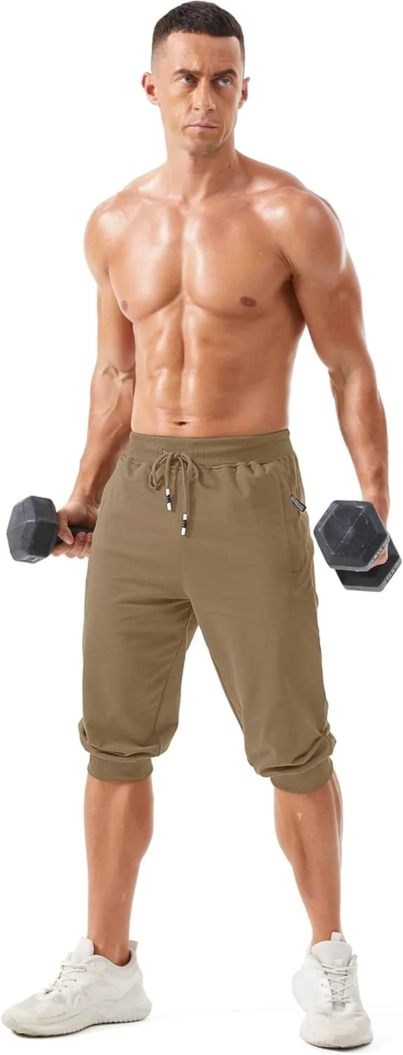 MAGCOMSEN Men's 3/4 Joggers Capri Pants with Zipper Pockets Slim Fit Training Running Workout Capri Joggers