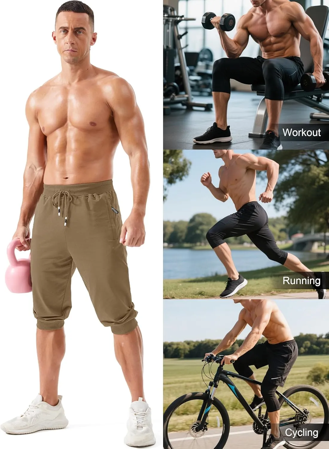 MAGCOMSEN Men's 3/4 Joggers Capri Pants with Zipper Pockets Slim Fit Training Running Workout Capri Joggers