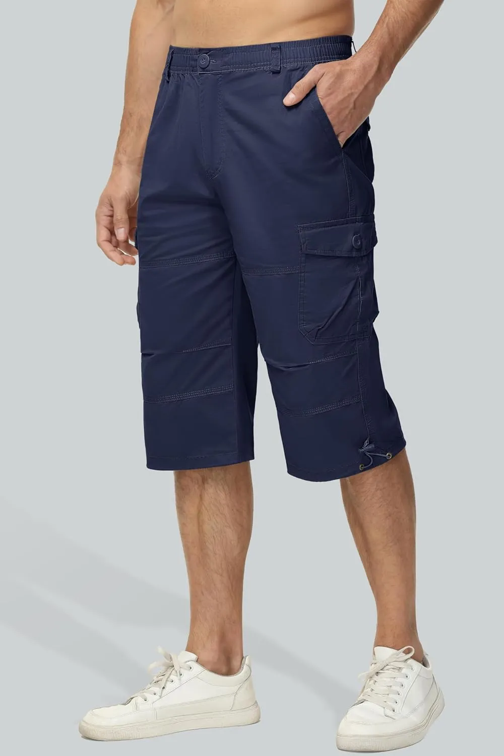 MAGCOMSEN Mens Cargo Shorts Long Capri Elastic Below The Knee 3/4 Cotton Casual Summer Shorts with Pockets