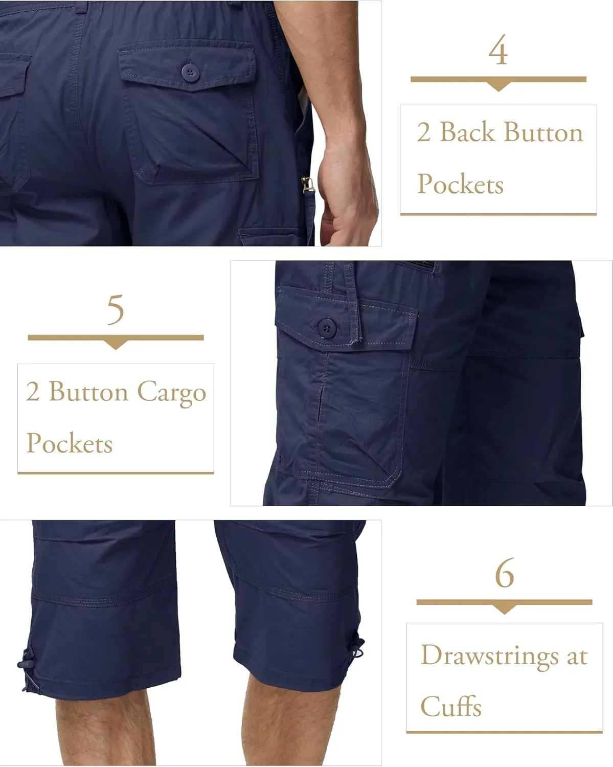 MAGCOMSEN Mens Cargo Shorts Long Capri Elastic Below The Knee 3/4 Cotton Casual Summer Shorts with Pockets