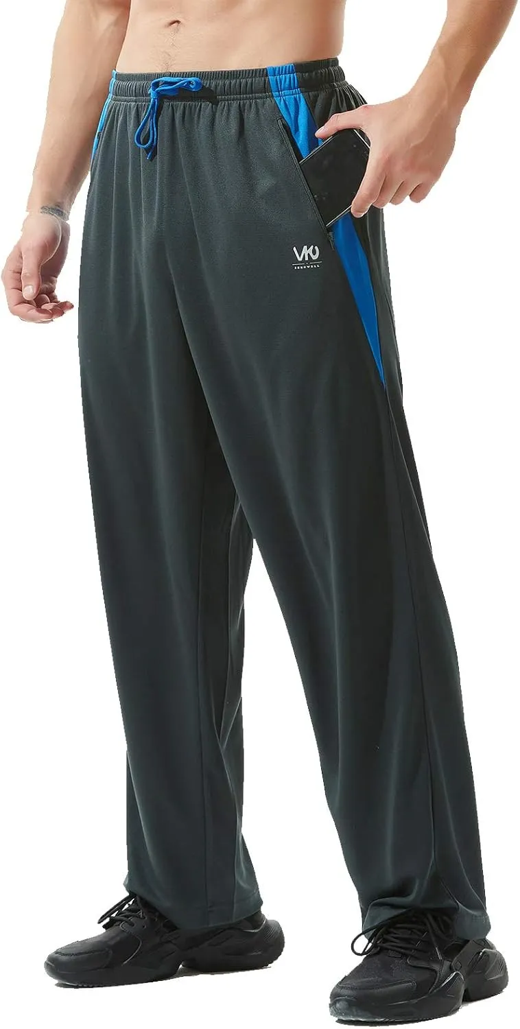 Mens Athletic Pants with Zipper Pockets Open Bottom Lightweight Sweatpants, for Workout, Running, Gym, Training