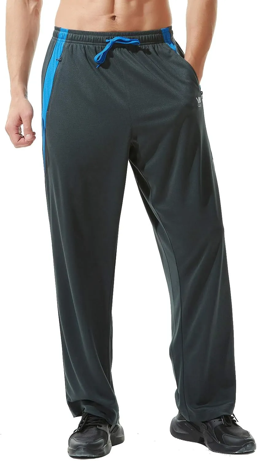 Mens Athletic Pants with Zipper Pockets Open Bottom Lightweight Sweatpants, for Workout, Running, Gym, Training