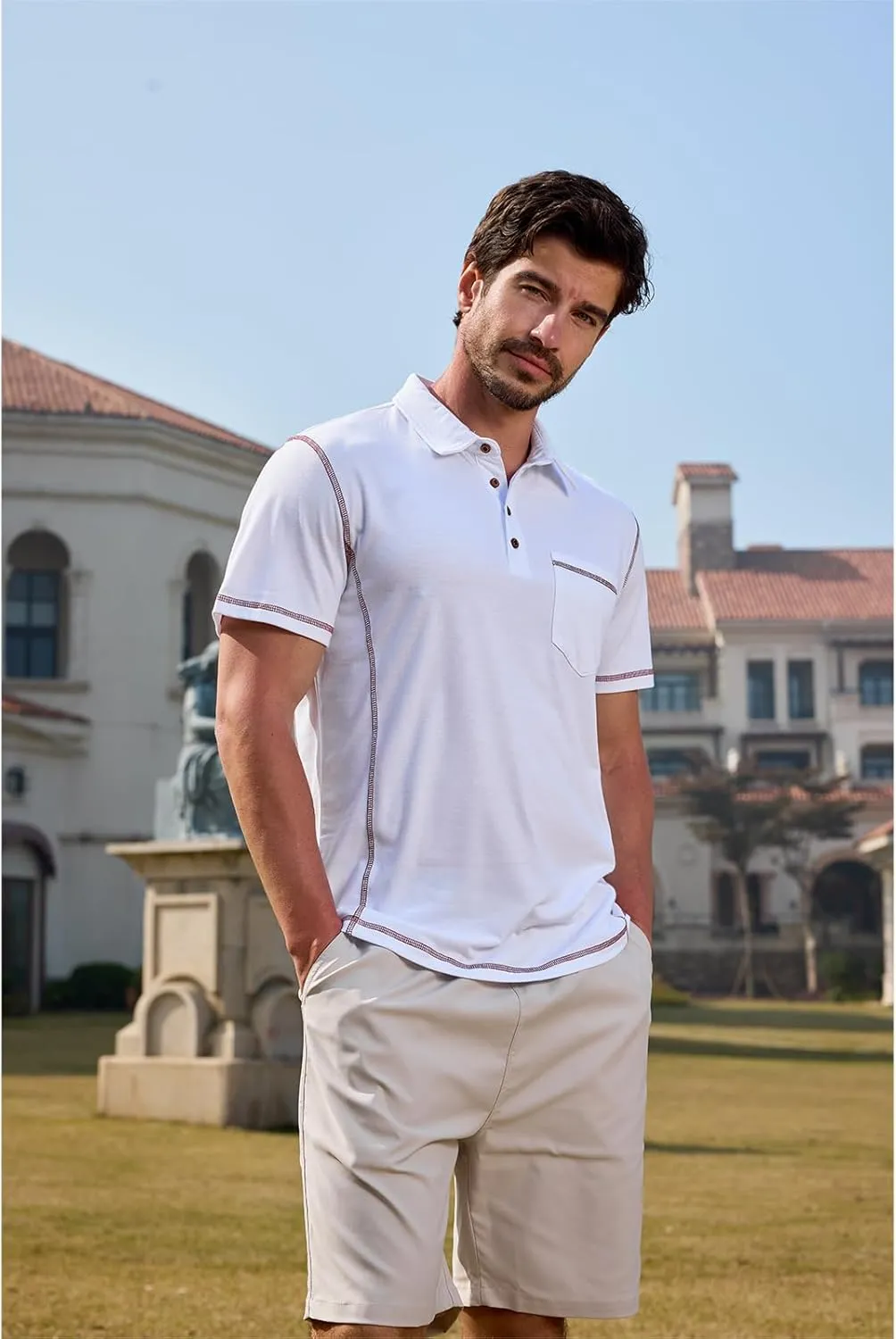 Men's Casual Polo Shirts Short Sleeve Button Classic T-Shirts Cotton Slim Fit Tees Lightweight Golf Top with Pocket