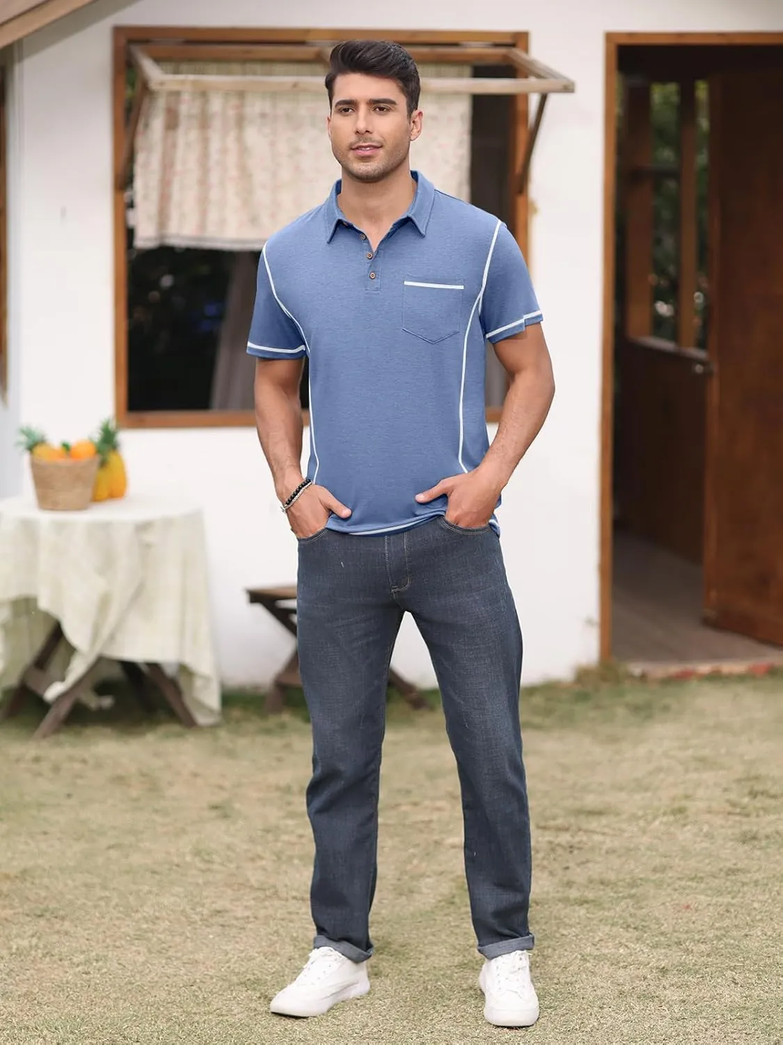 Men's Casual Polo Shirts Short Sleeve Button Classic T-Shirts Cotton Slim Fit Tees Lightweight Golf Top with Pocket