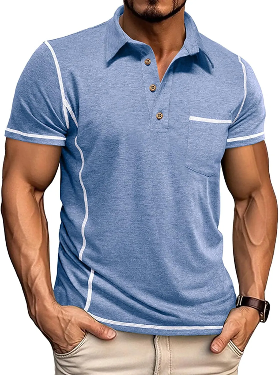 Men's Casual Polo Shirts Short Sleeve Button Classic T-Shirts Cotton Slim Fit Tees Lightweight Golf Top with Pocket