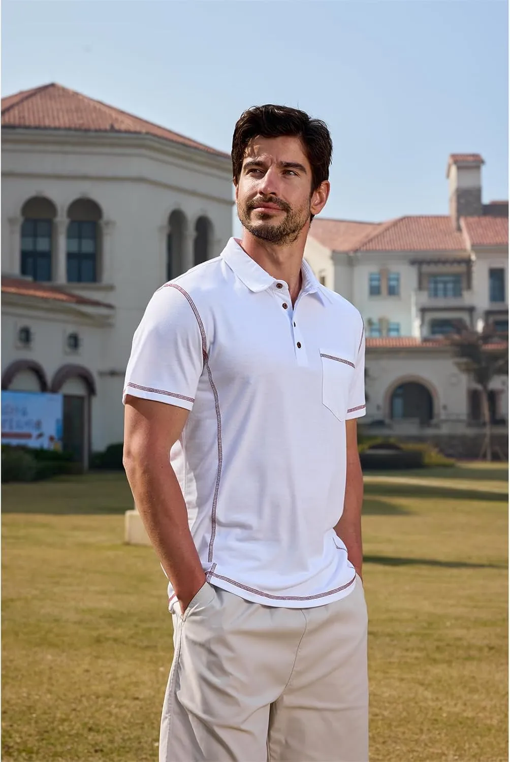 Men's Casual Polo Shirts Short Sleeve Button Classic T-Shirts Cotton Slim Fit Tees Lightweight Golf Top with Pocket