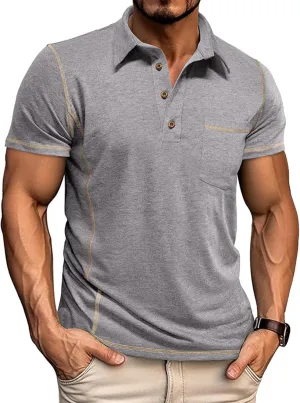 Men's Casual Polo Shirts Short Sleeve Button Classic T-Shirts Cotton Slim Fit Tees Lightweight Golf Top with Pocket