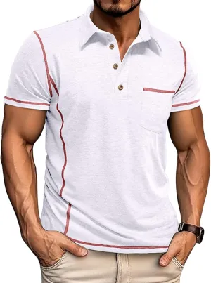 Men's Casual Polo Shirts Short Sleeve Button Classic T-Shirts Cotton Slim Fit Tees Lightweight Golf Top with Pocket