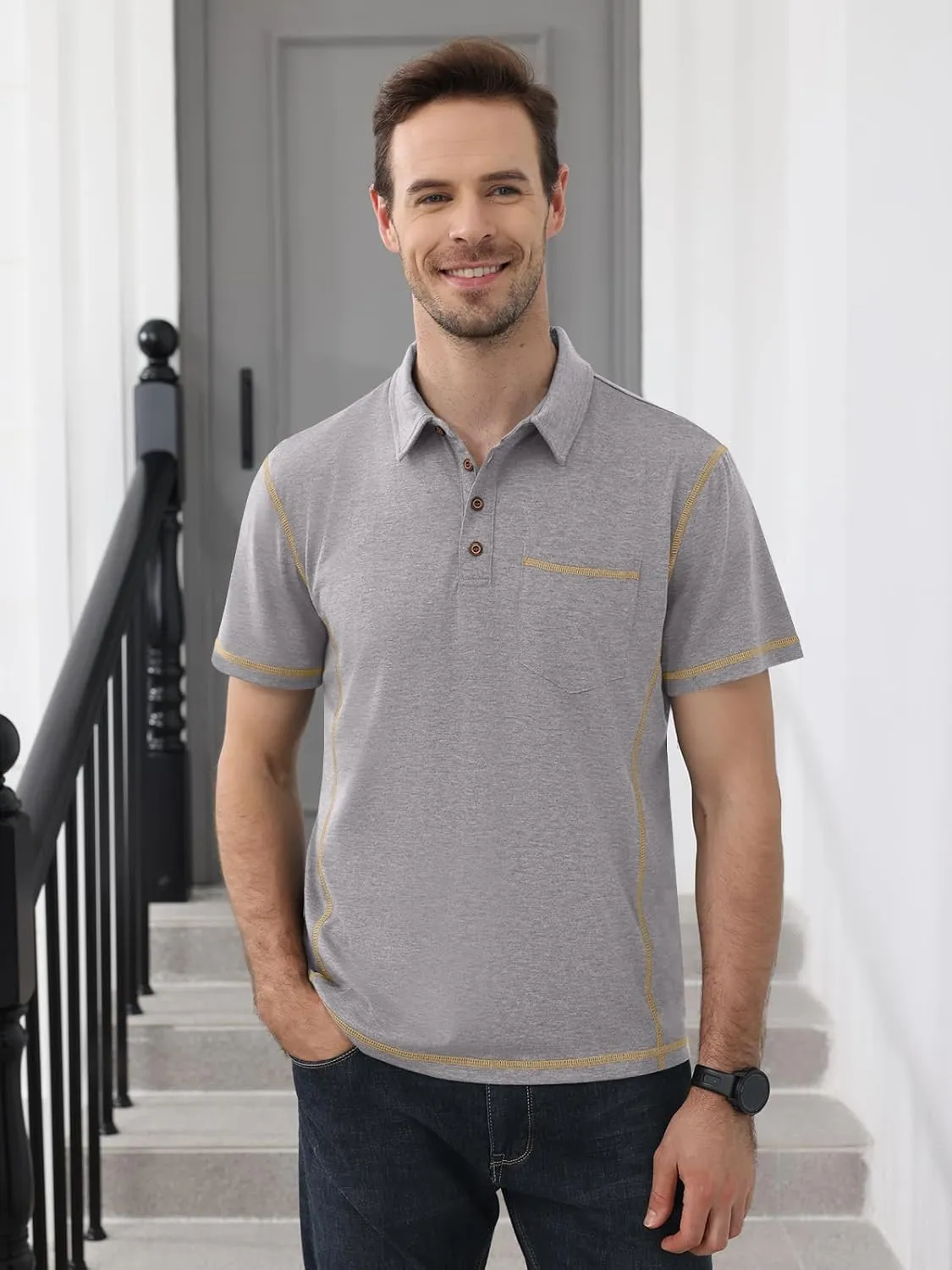Men's Casual Polo Shirts Short Sleeve Button Classic T-Shirts Cotton Slim Fit Tees Lightweight Golf Top with Pocket