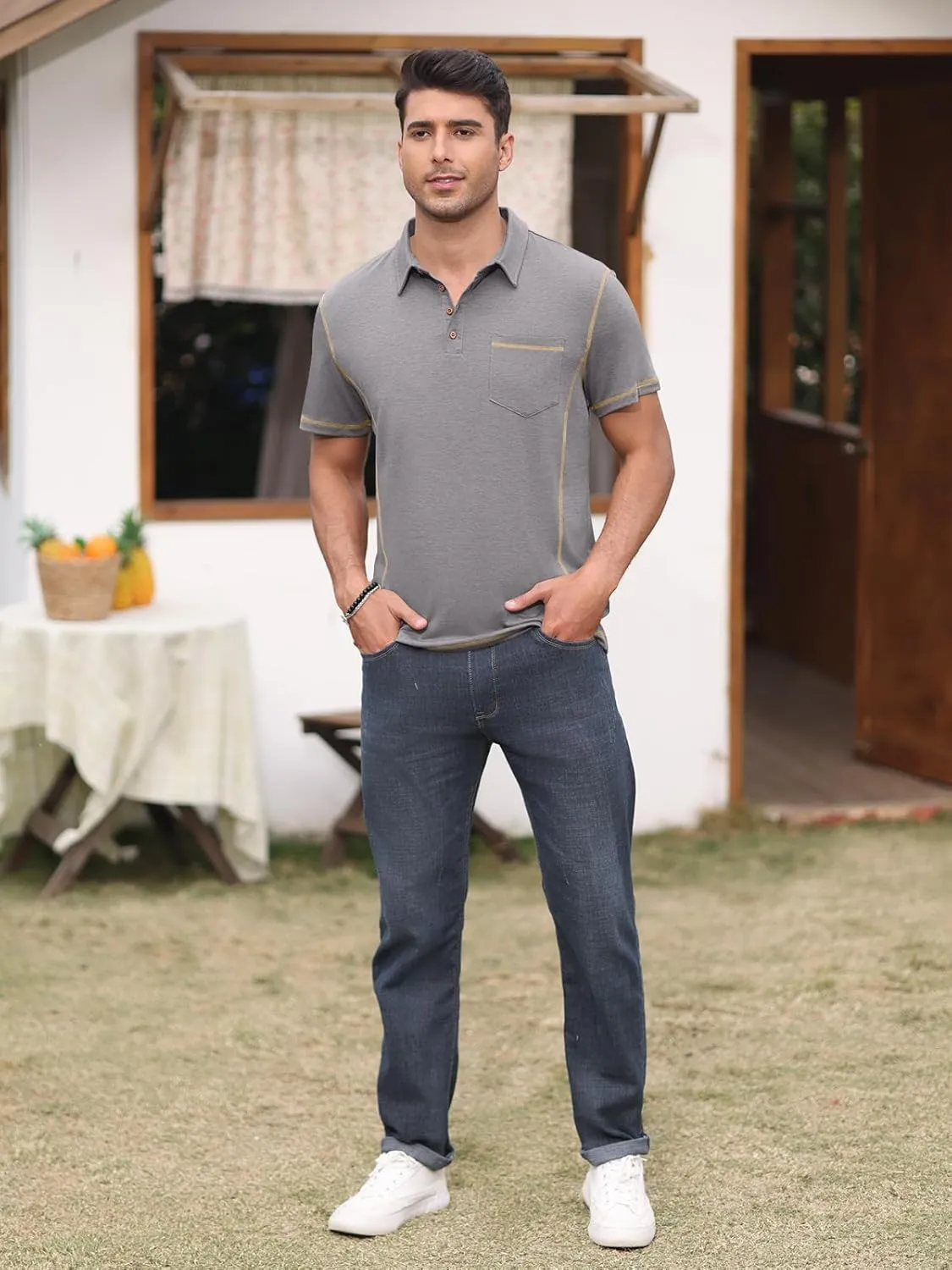 Men's Casual Polo Shirts Short Sleeve Button Classic T-Shirts Cotton Slim Fit Tees Lightweight Golf Top with Pocket