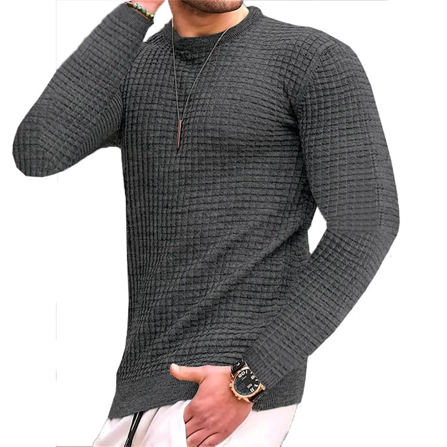 Men's Casual Waffle-Knit Long Sleeve Tee