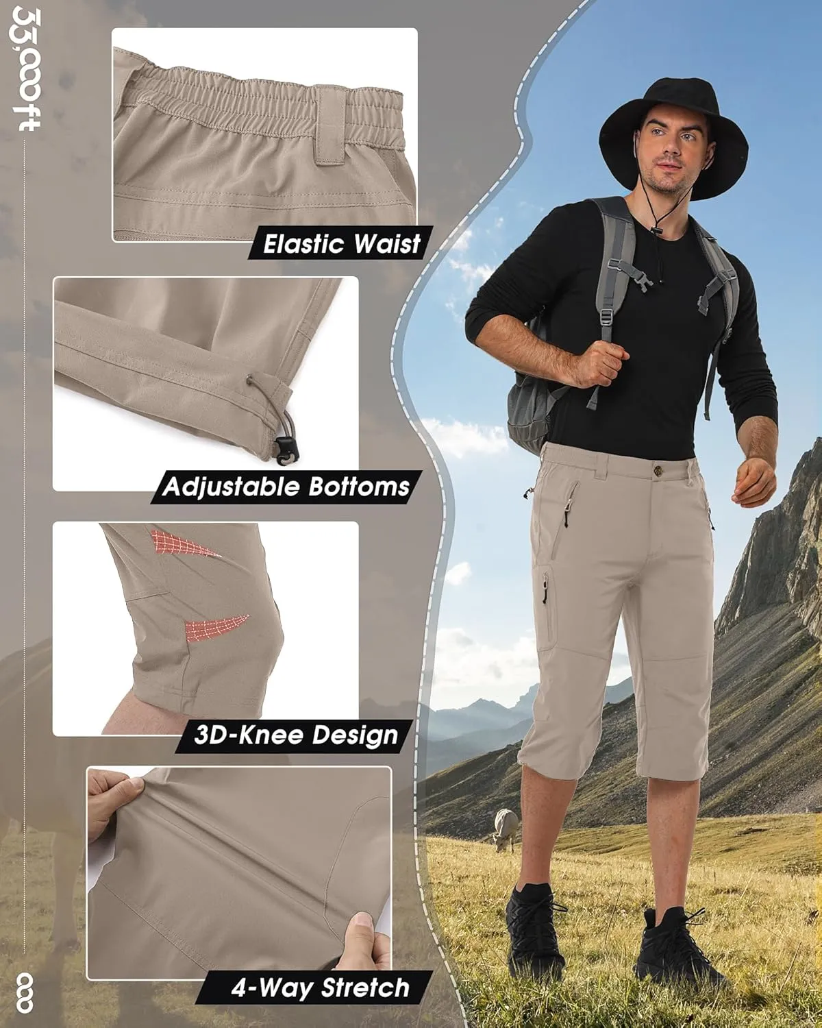 Men's Hiking Golf Capri Pants 3/4 Cargo Quick Dry Lightweight Stretch Below Knee Shorts Pants Travel Casual