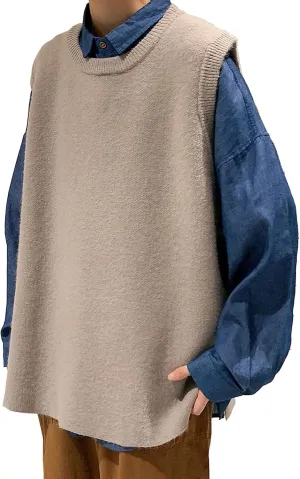 Men's Loose Woolen Vest Wool Blend Knit Waistcoat Pullover Slim Fit Casual Sleeveless Sweaters
