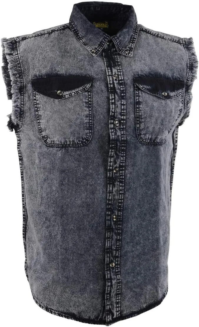 Milwaukee Leather MDM11678 Mens Classic Grey Button-Down Cut Off Frayed Sleeveless Casual Shirt
