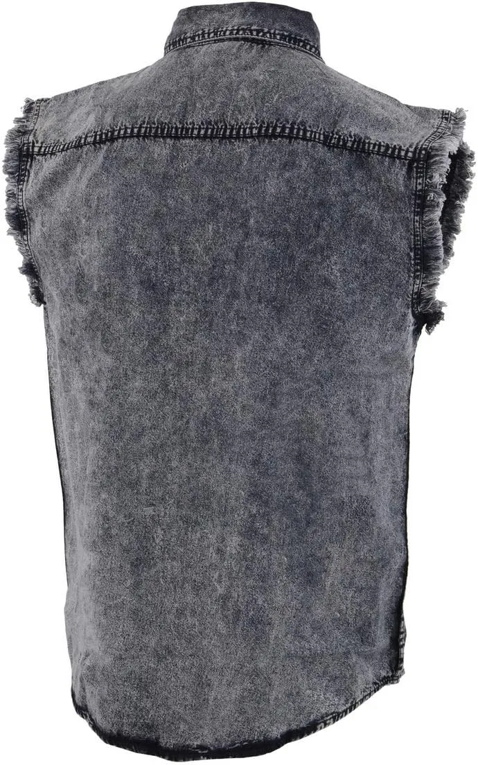 Milwaukee Leather MDM11678 Mens Classic Grey Button-Down Cut Off Frayed Sleeveless Casual Shirt