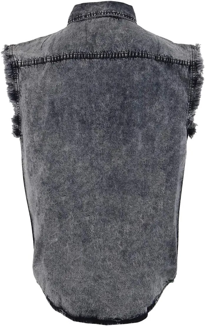 Milwaukee Leather MDM11678 Mens Classic Grey Button-Down Cut Off Frayed Sleeveless Casual Shirt