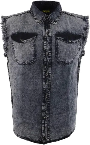 Milwaukee Leather MDM11678 Mens Classic Grey Button-Down Cut Off Frayed Sleeveless Casual Shirt
